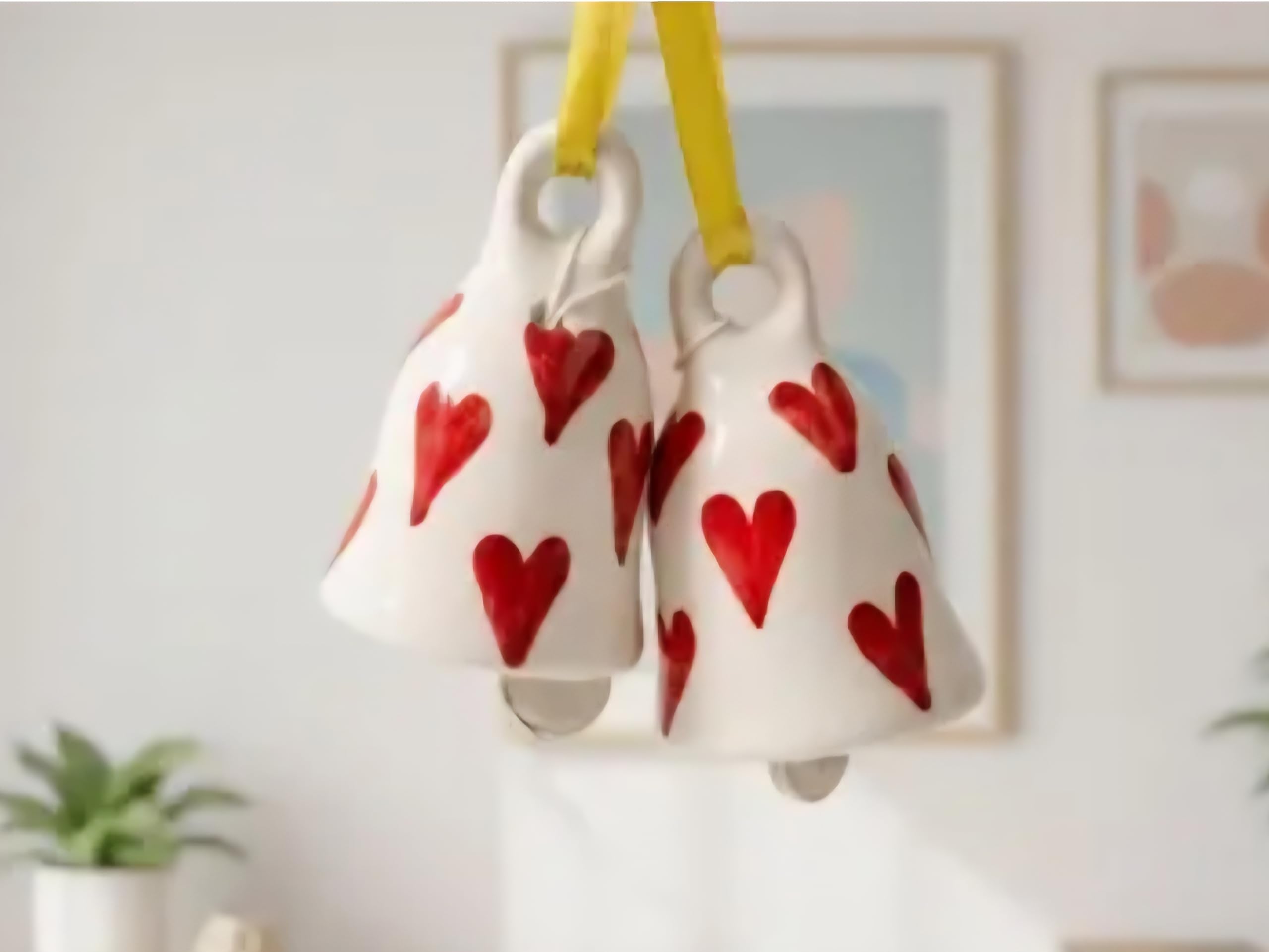 Ceramic Hanging Bells with Red Heart Pattern, White, Set of 2, Garden Decor
