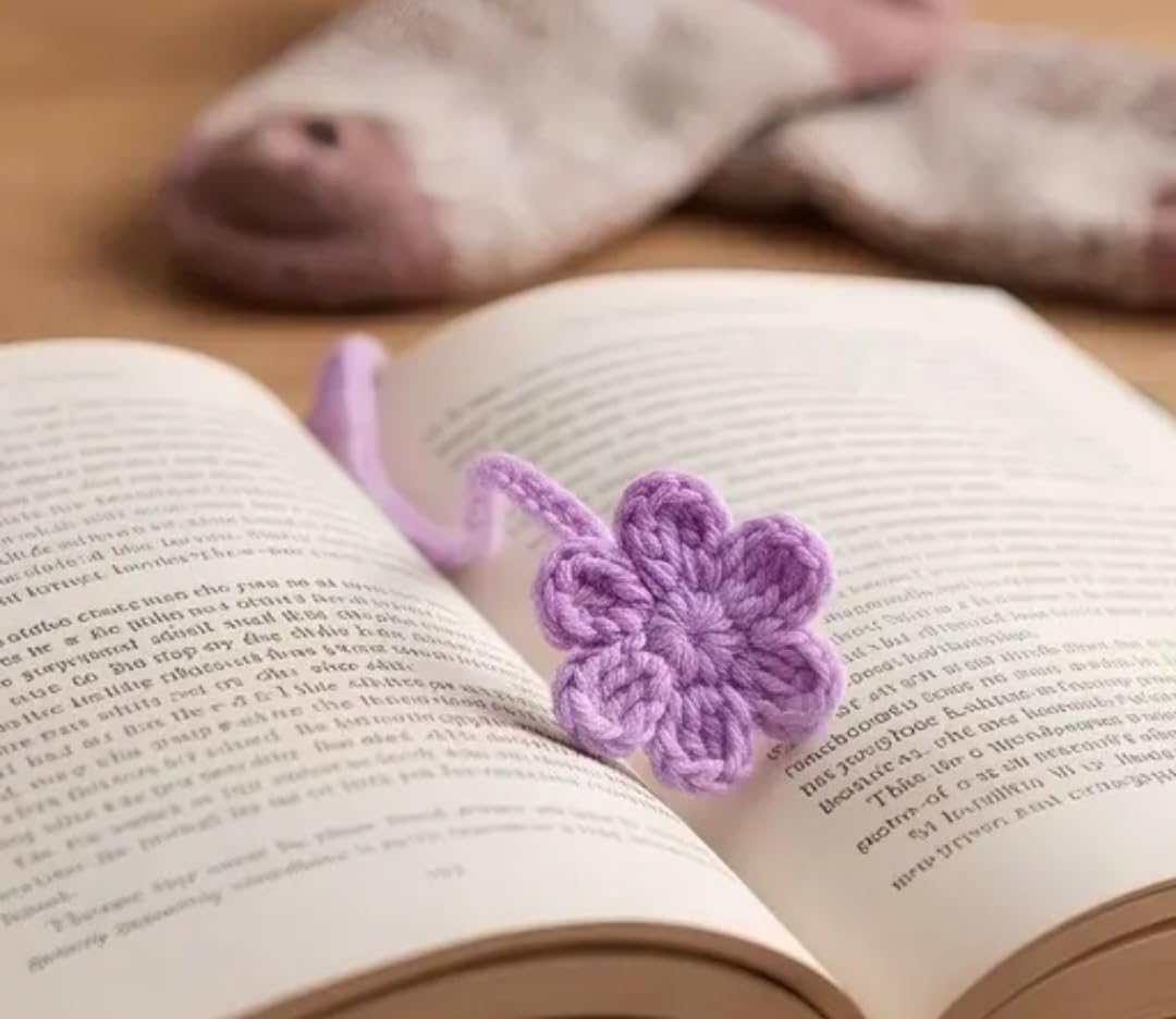 Handmade Crochet Flower Bookmarks, Multicolor, Knitted Floral with Leaf Design, Set of 4, Random Colors