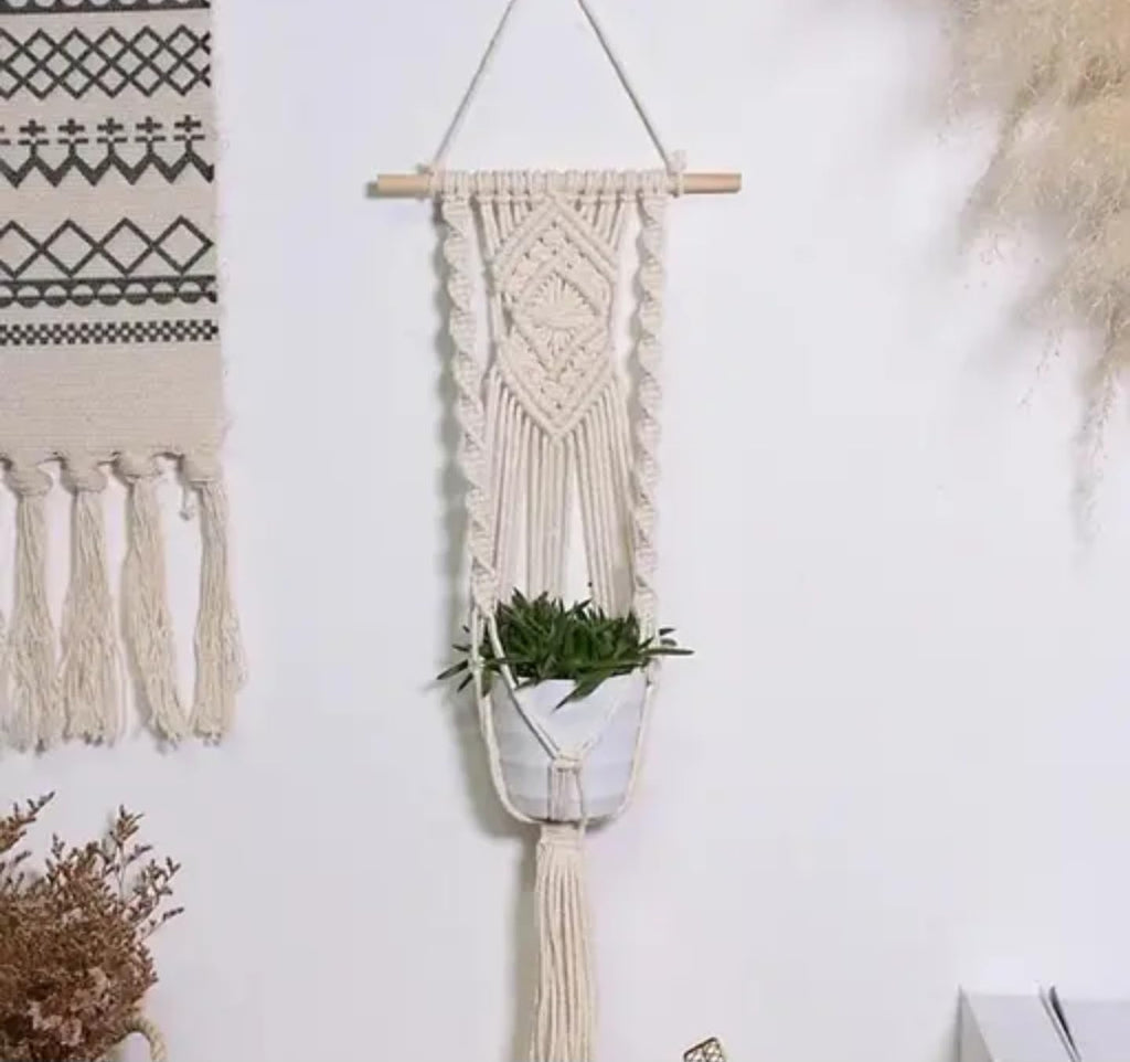 Macrame Plant Hanger Wall Hanging, Boho Woven Cotton Rope with Wooden Rod, Decorative Planter Holder, White