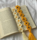 Handmade Crochet Flower Bookmark with Tassel, Yellow and White, Boho Floral Book Accessory, Set of 2