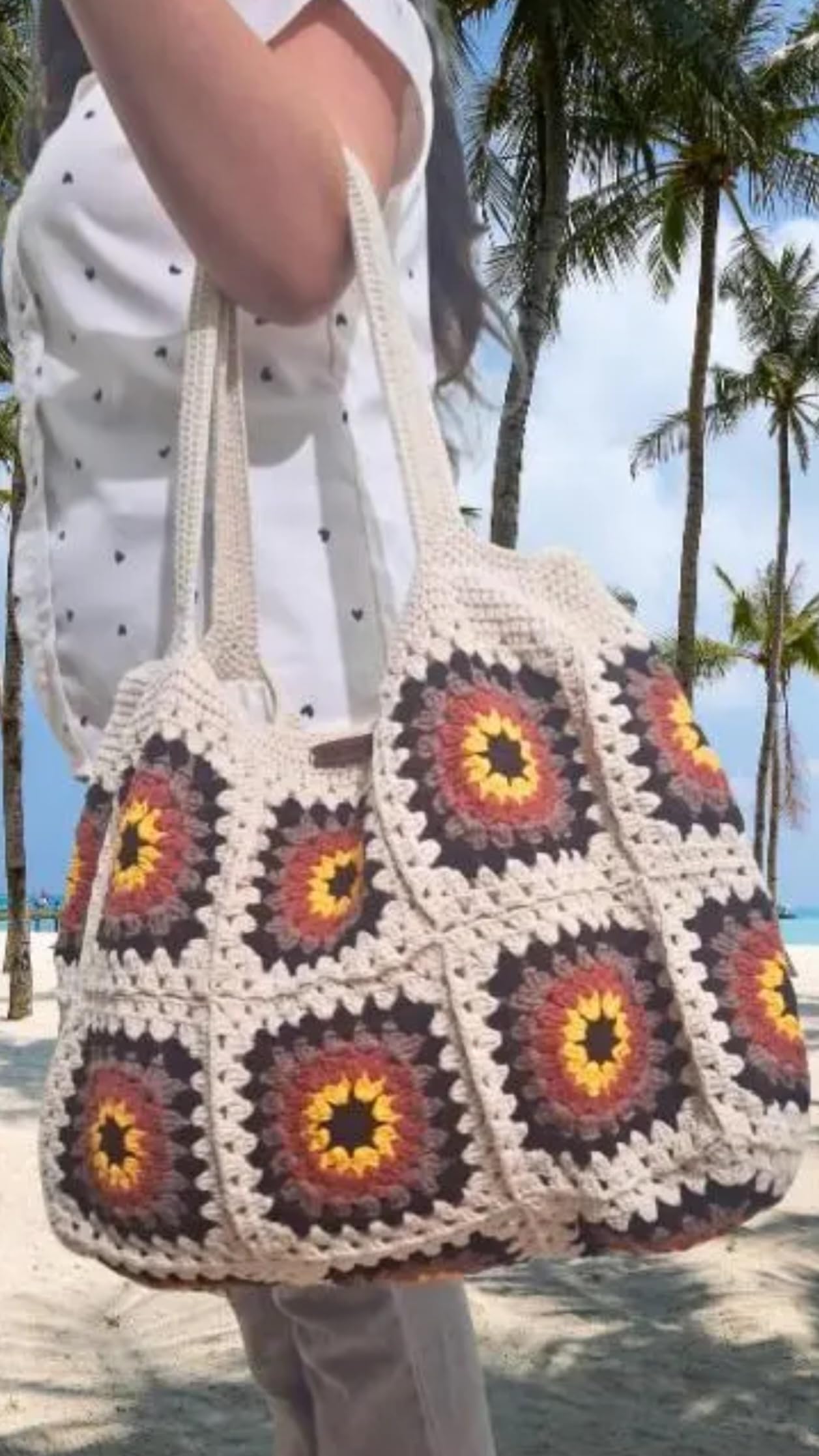 Handmade Crochet Tote Bag, Granny Square Pattern, Beige with Yellow and Red Sunburst Design