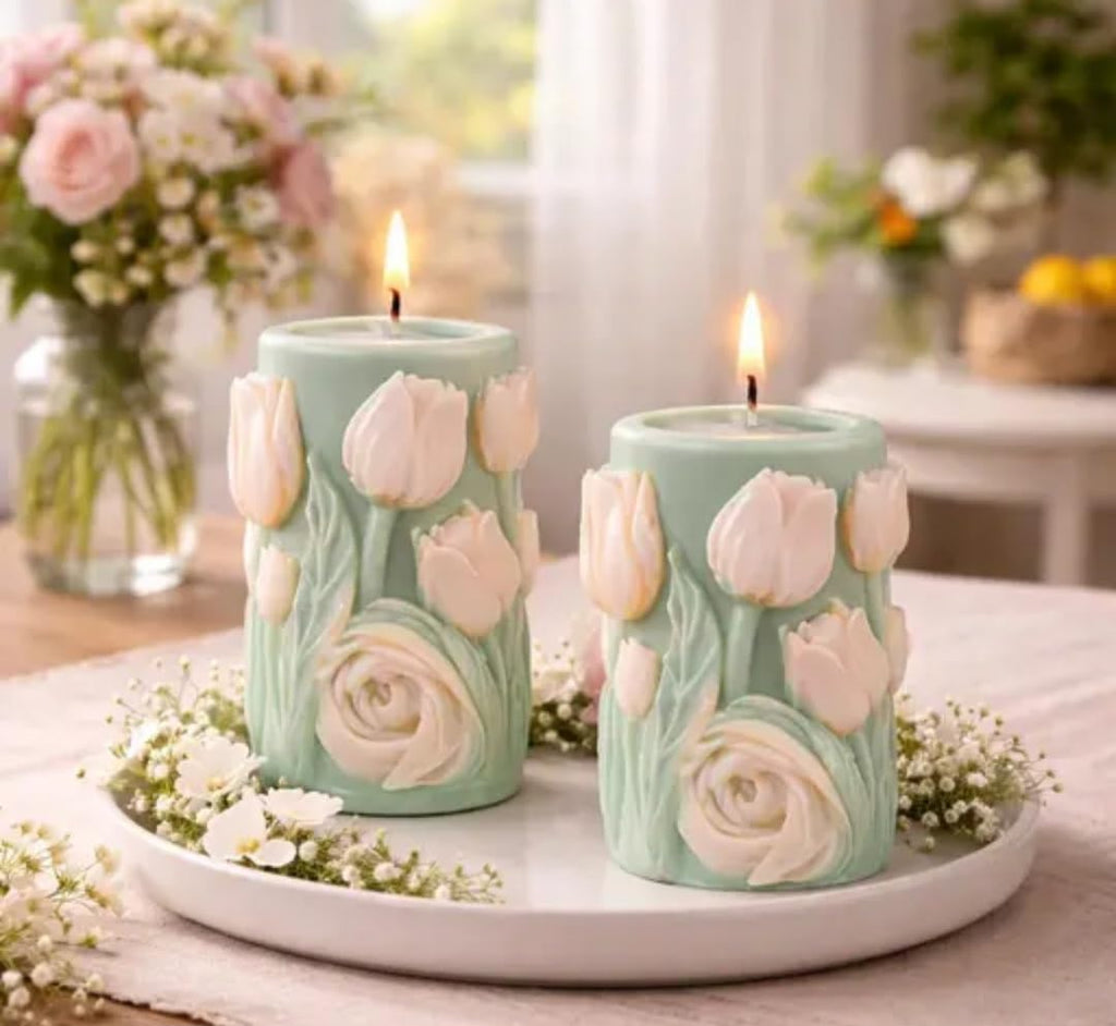 Decorative Pillar Candles with Tulip and Rose Design, Mint Green, Set of 2, Floral Spring Theme