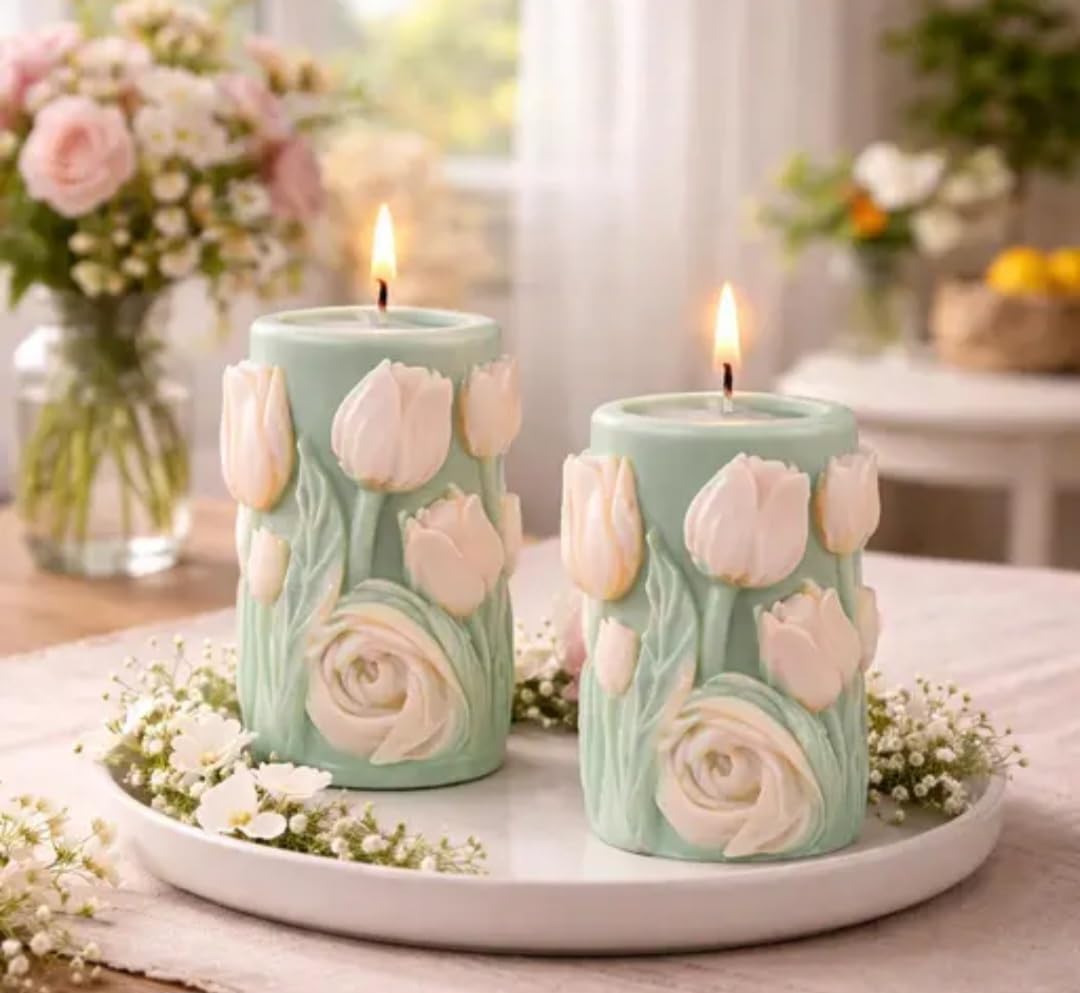 Decorative Pillar Candles with Tulip and Rose Design, Mint Green, Set of 2, Floral Spring Theme