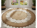 Round Jute Braided Area Rug, Natural and White, Boho Style, Scalloped Border, Living Room Decor