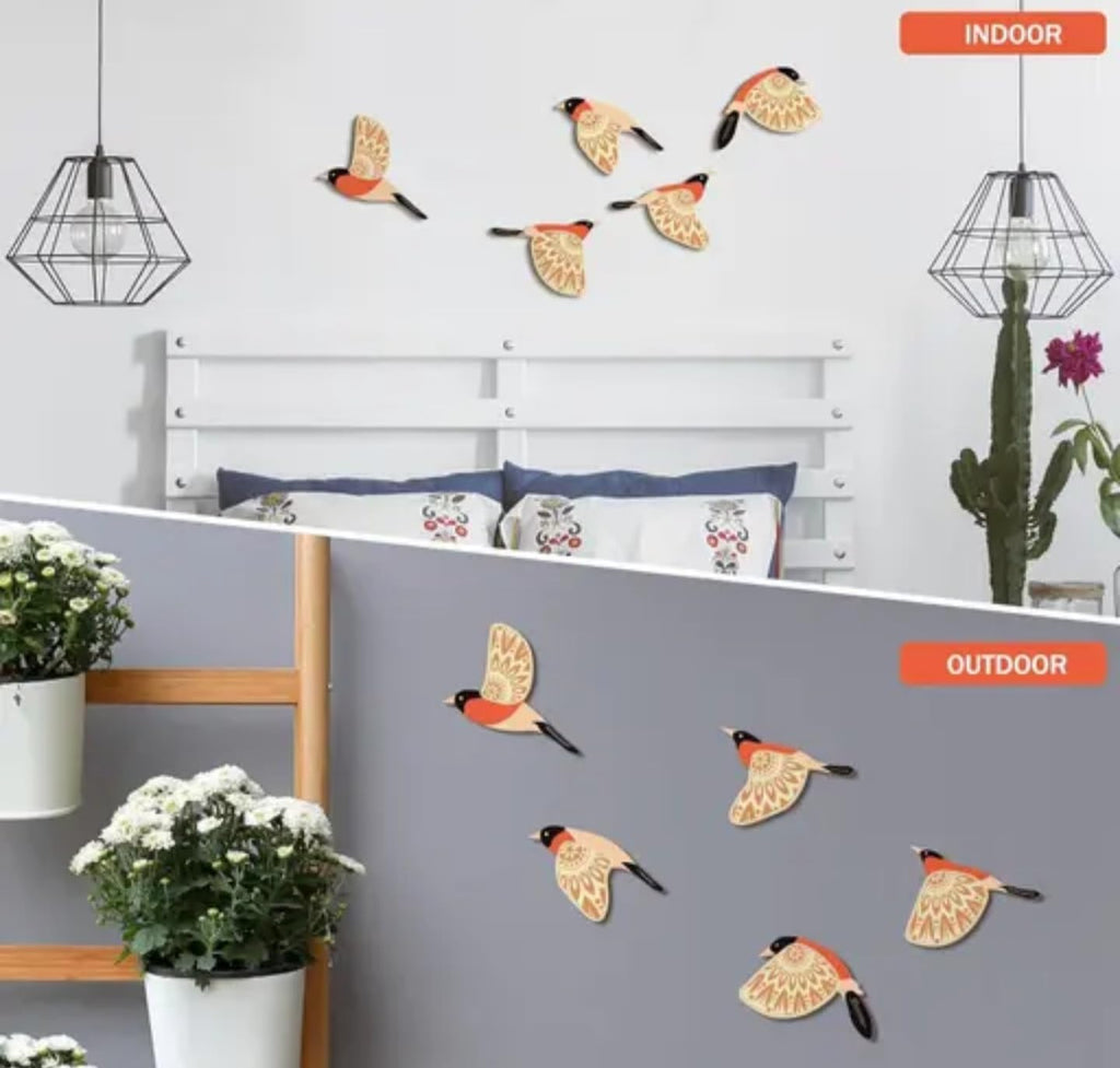 Decorative Wall Art Birds, Mandala Pattern Wing Design, Orange and White, Set of 6
