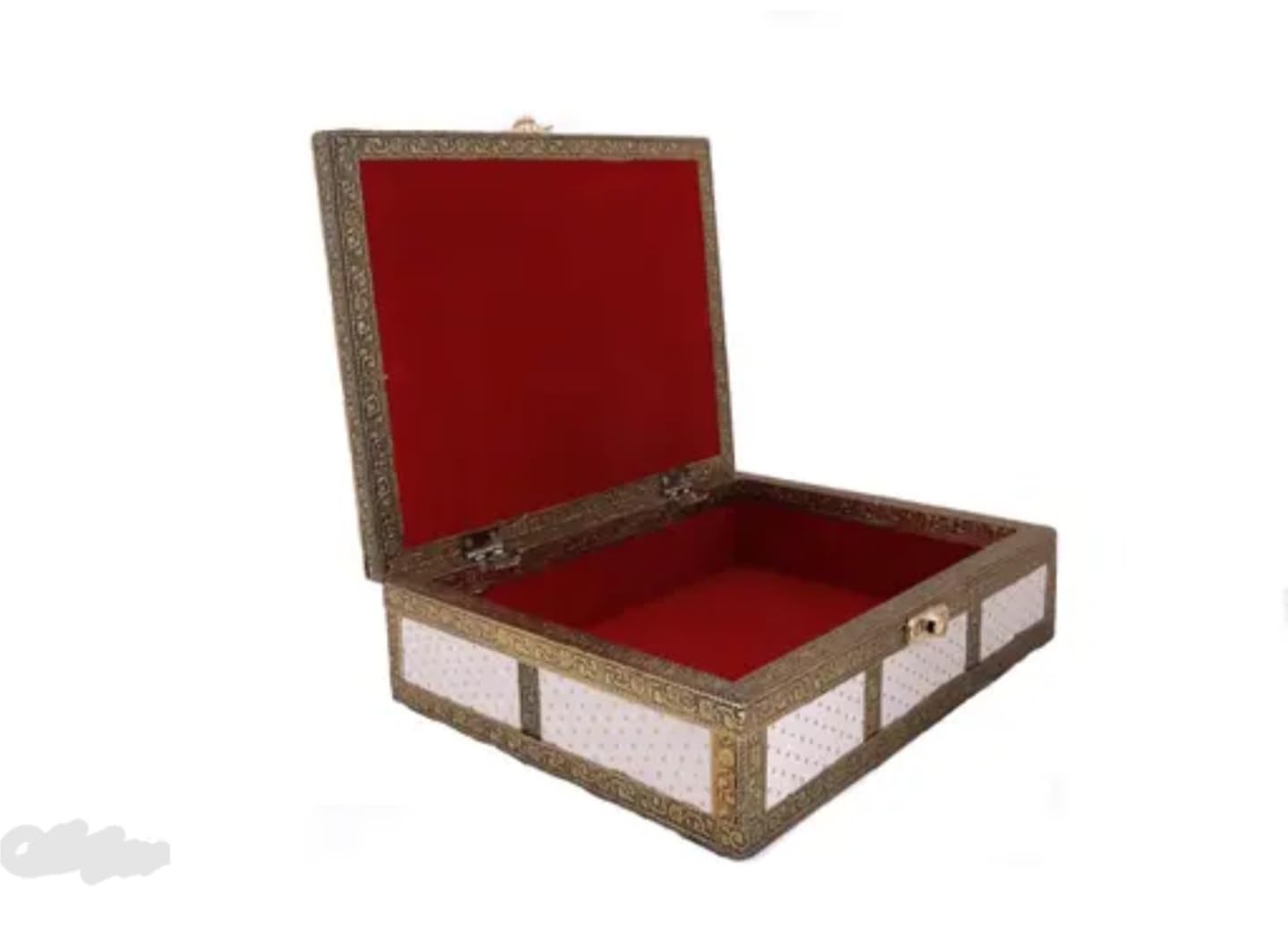 Decorative Storage Box, Antique Gold Metal Frame with White Fabric Interior, Vintage Floral Pattern, Jewelry Organizer with Latch