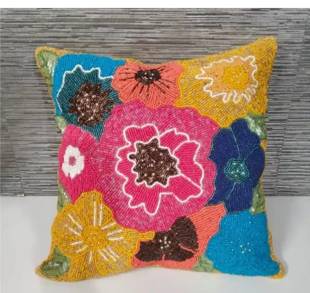 Beaded Floral Throw Pillow Cover, Multicolor, Handcrafted Seed Bead Embroidery, Decorative Cushion Cover