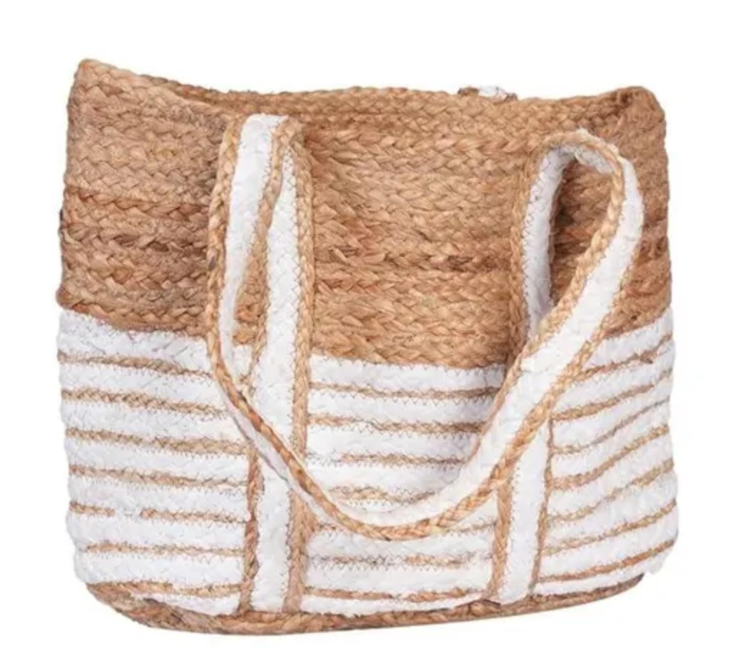 Handwoven Jute Beach Tote Bag, Natural and White Striped Pattern, Double Handle