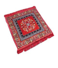 Red Floral Prayer Mat with Fringe Border, Traditional Decorative Design, Square Rug