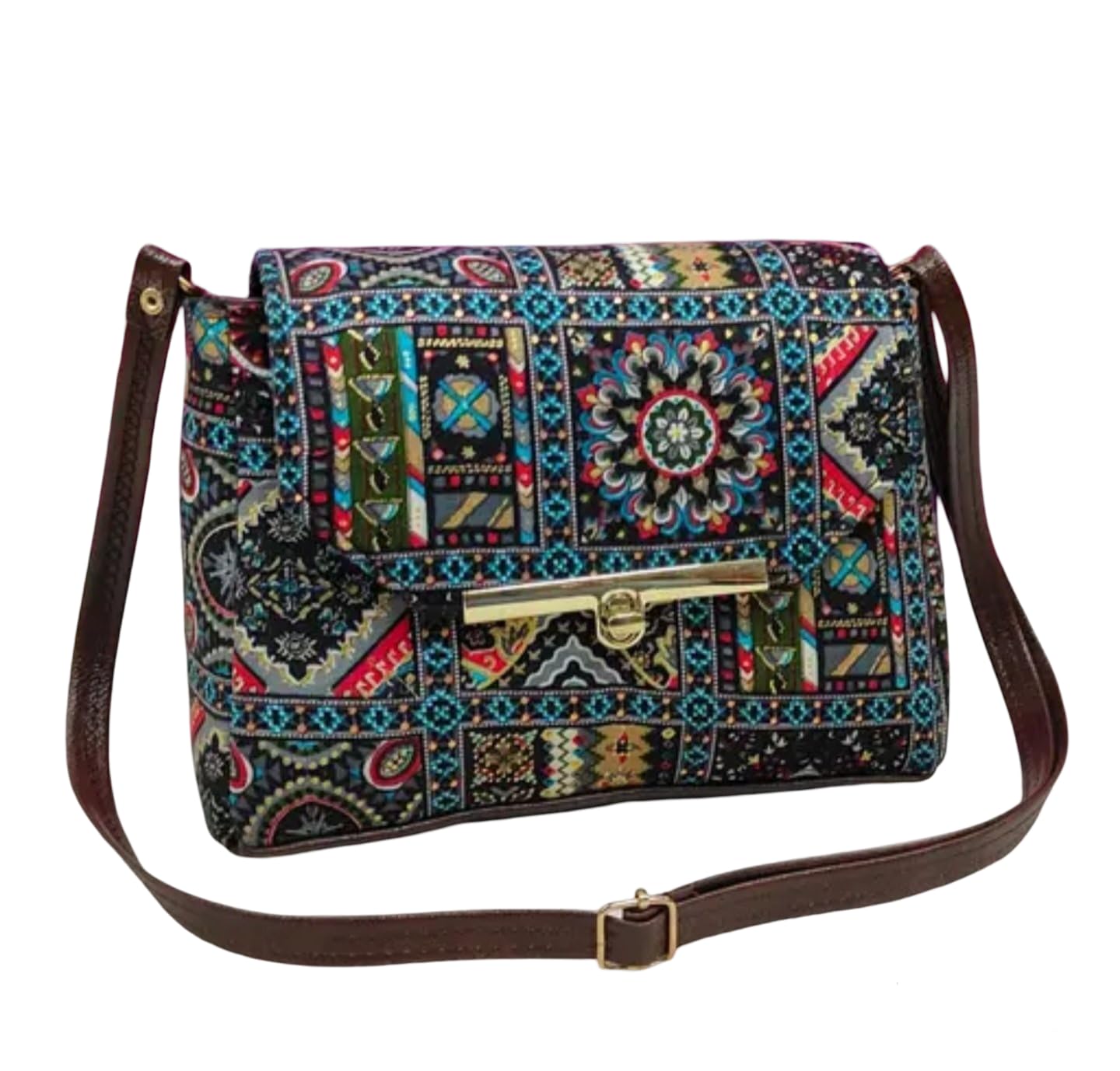 Bohemian Floral Crossbody Bag, Geometric Print, Brown Leather Trim, Tassel Detail, ethnic