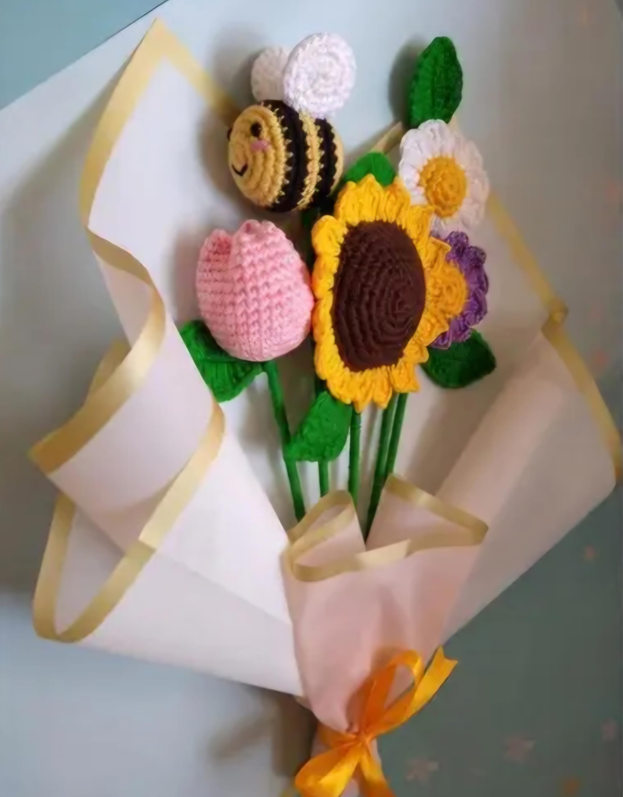 Handmade Crochet Flower Bouquet with Sunflower, Bee, and Mixed Blooms, Yellow Ribbon Wrap