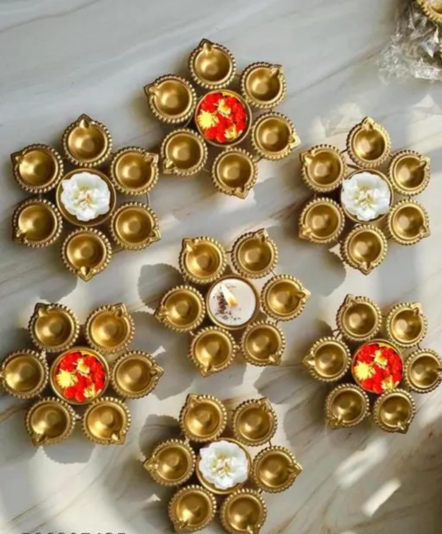 Decorative Gold Diya Set, Traditional Brass Oil Lamp Holders for Puja, Ornate Scalloped Design, 8 Connected Diyas