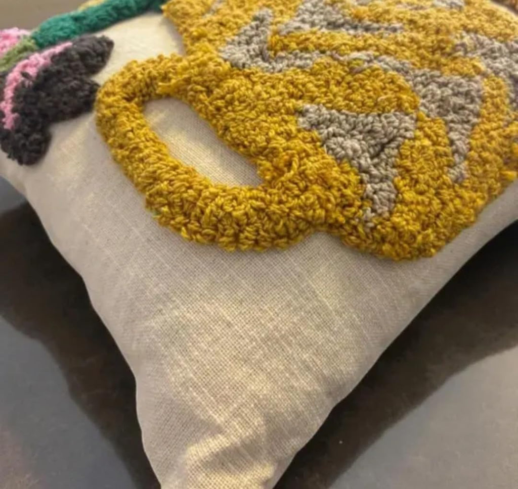 Decorative Throw Pillow Cover with Tassels, Floral Vase Punch Needle Embroidered, Boho Style, Cream