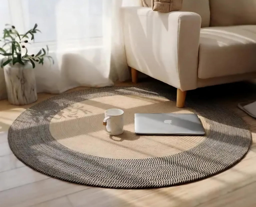 Round Braided Area Rug, Beige and Gray, Woven Circle Carpet for Bedroom Living Room