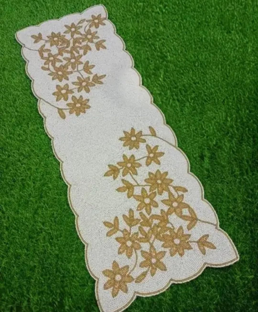 Embroidered Table Runner, Beige with Gold Floral Design, Scalloped Edge, Decorative Linen