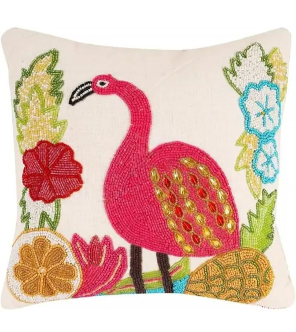 Beaded Flamingo Throw Pillow Cover, Tropical Floral Embroidered Cushion Cover, Colorful Bird Design, Cream