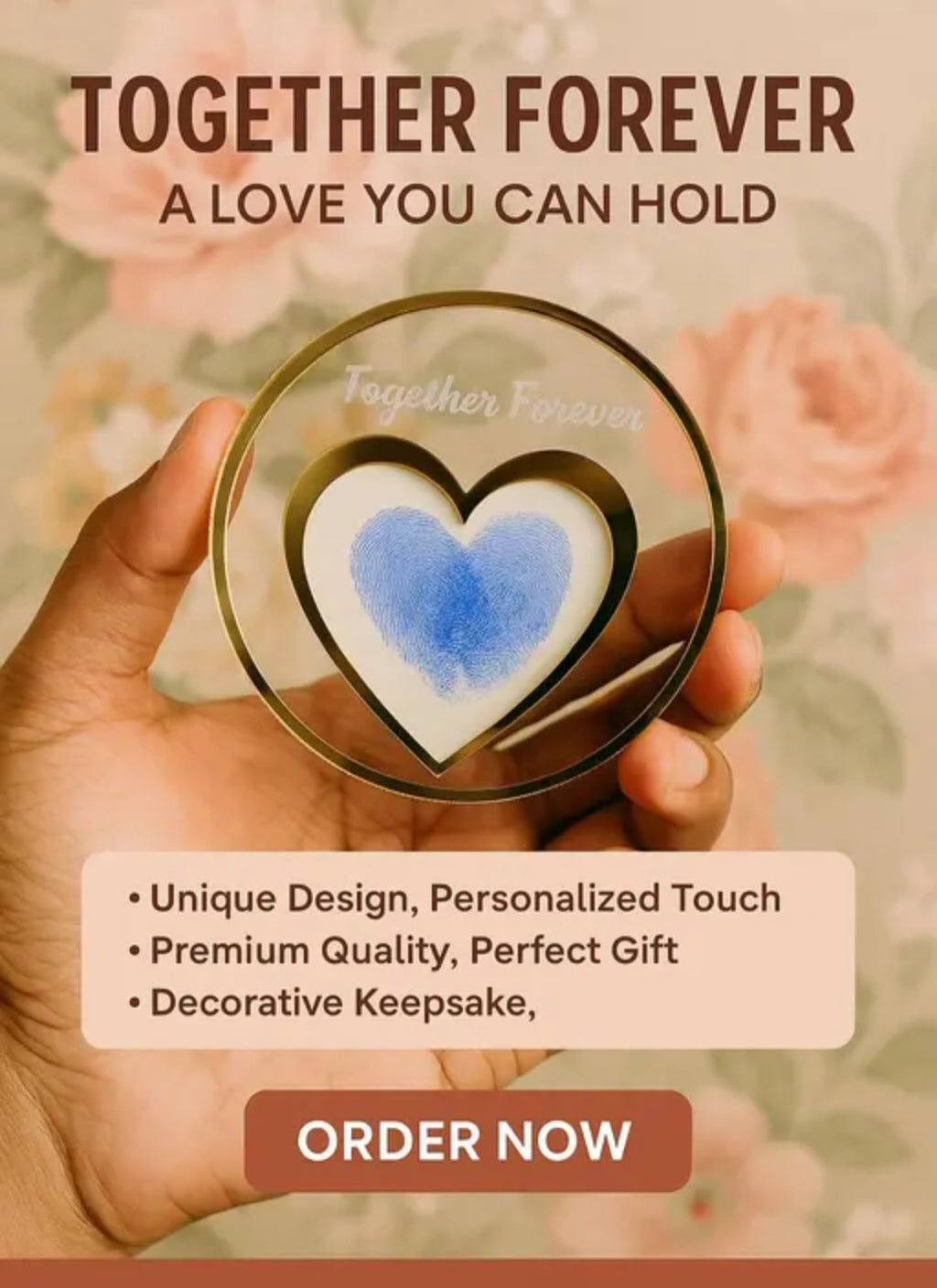 Together Forever Heart Photo Frame with Gold Trim, Decorative Display, Purple and Orange Floral Background