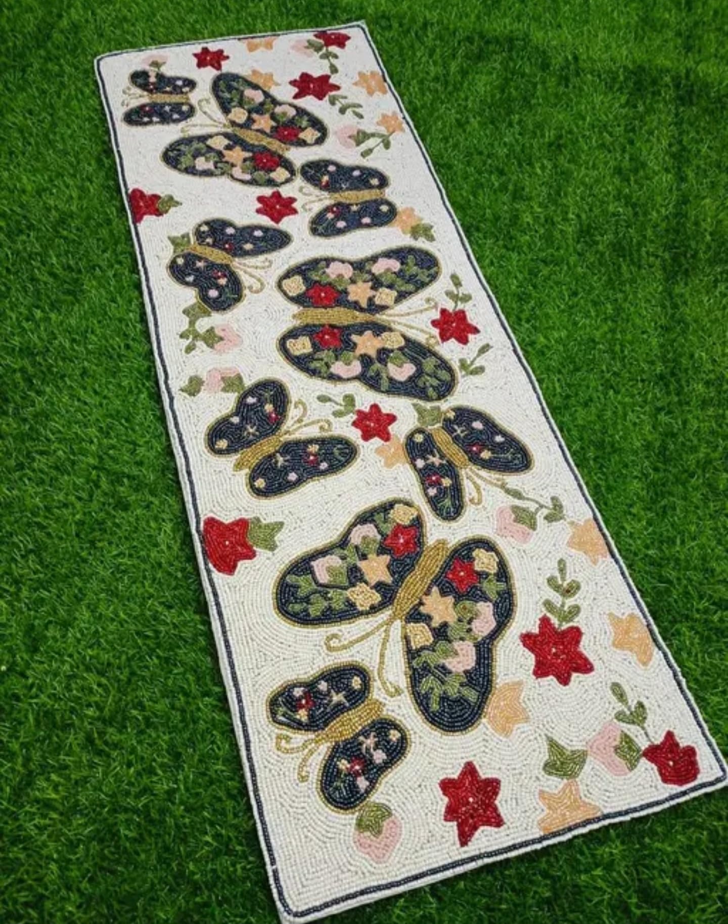Floral Butterfly Runner Rug, Hooked Design, Cream with Navy Blue Butterflies, Red and Pink Flowers