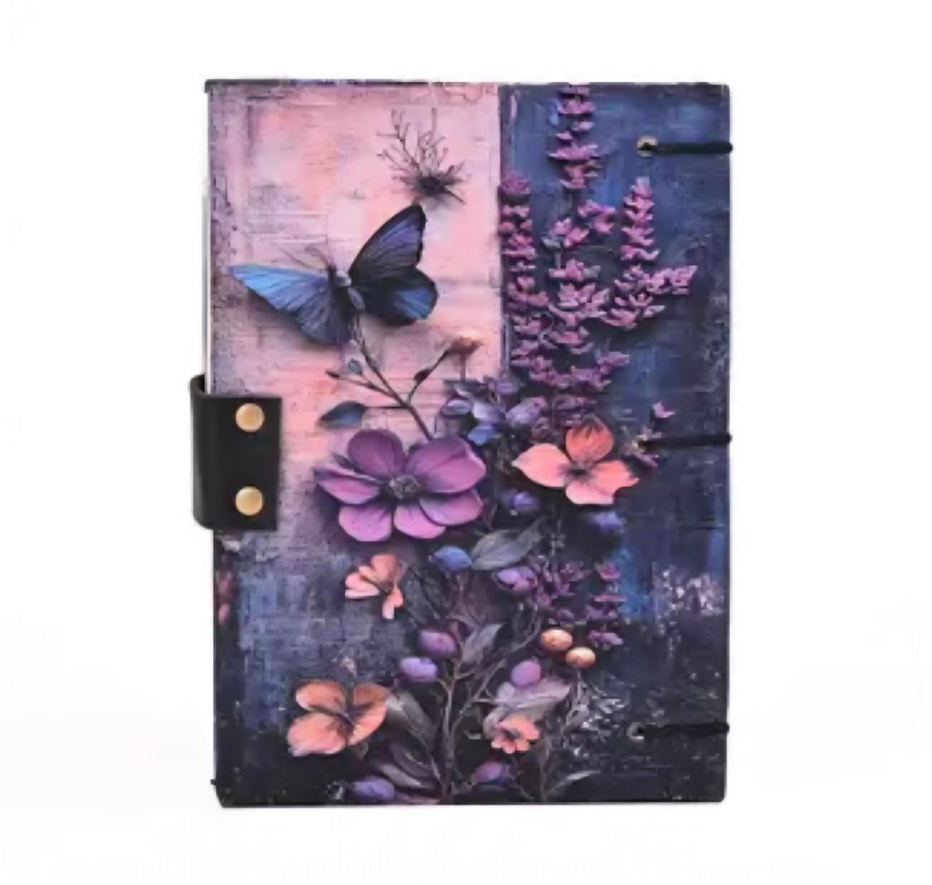 Vintage Butterfly Garden Journal, Hardcover Notebook with Floral Design, Purple and Pink, Metal Clasp Lock, Gothic Fantasy Style