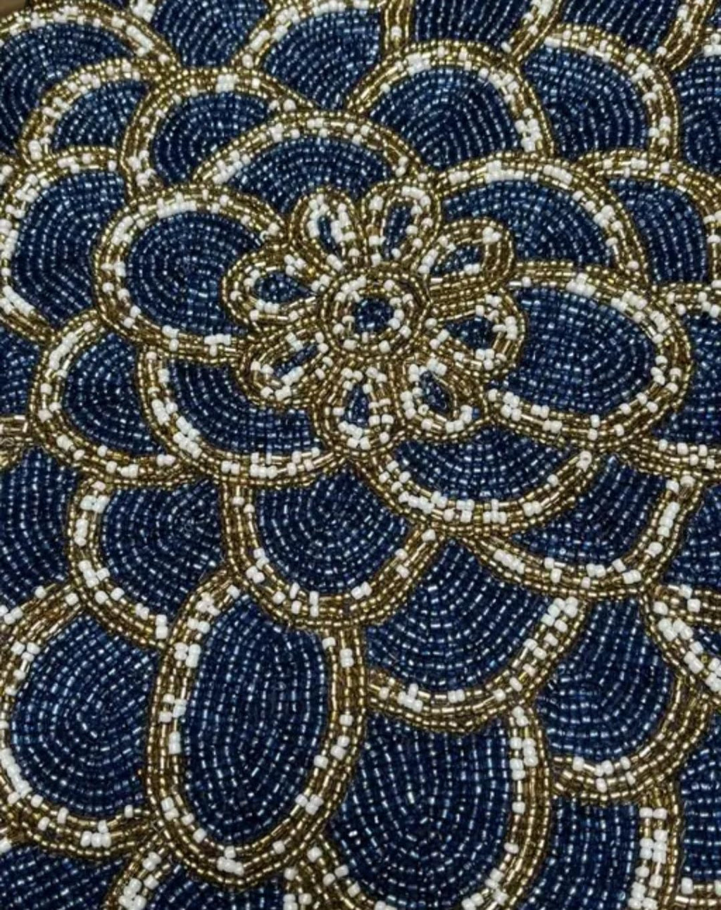 Beaded Table Runner, Navy Blue Floral Design, Handcrafted Glass Seed Beads, Decorative Home Accent