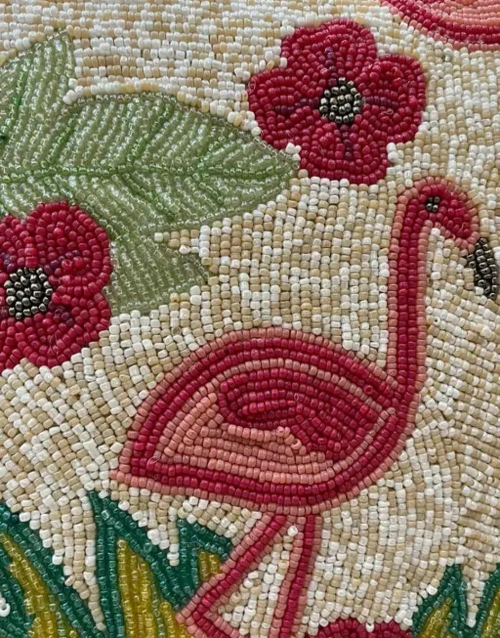 Beaded Decorative Throw Pillow Cover, Flamingo and Tropical Flowers Design, Pink and Green, Square Cushion Cover