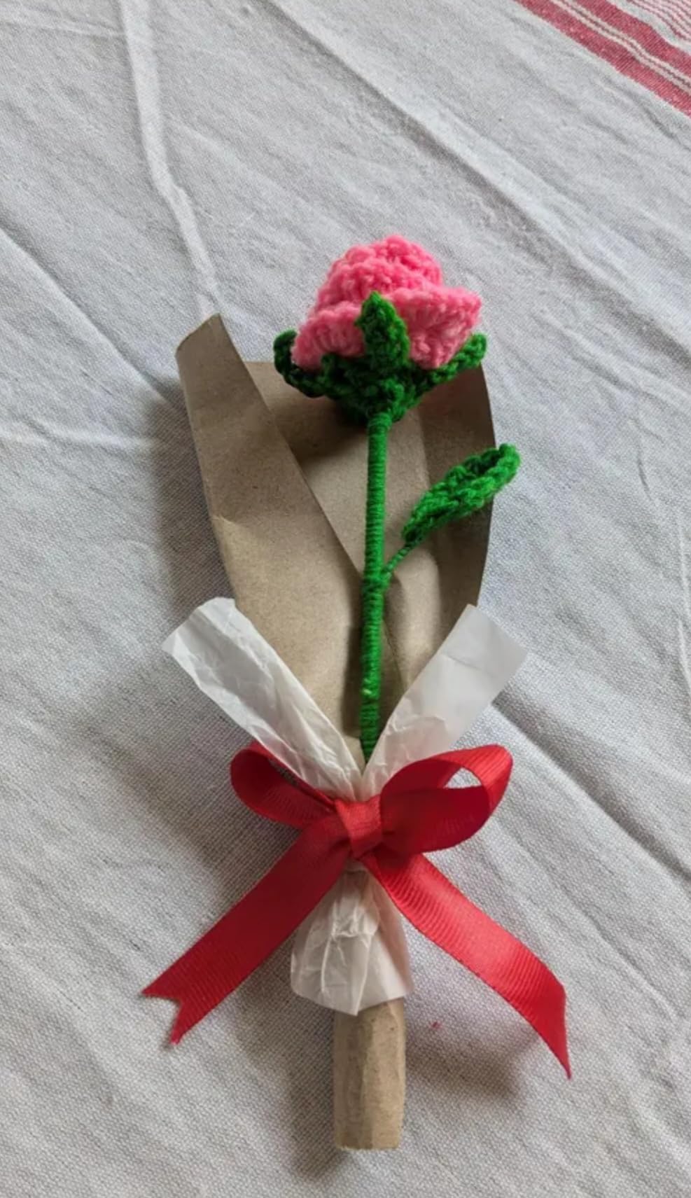 Handmade Crochet Rose Flower Bouquet, Pink, Gift Wrapped with Red Ribbon, Valentine's Day Decor