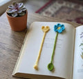 Handmade Crochet Flower Bookmark, Heart and Floral Design, Yellow and Blue, Set of 2