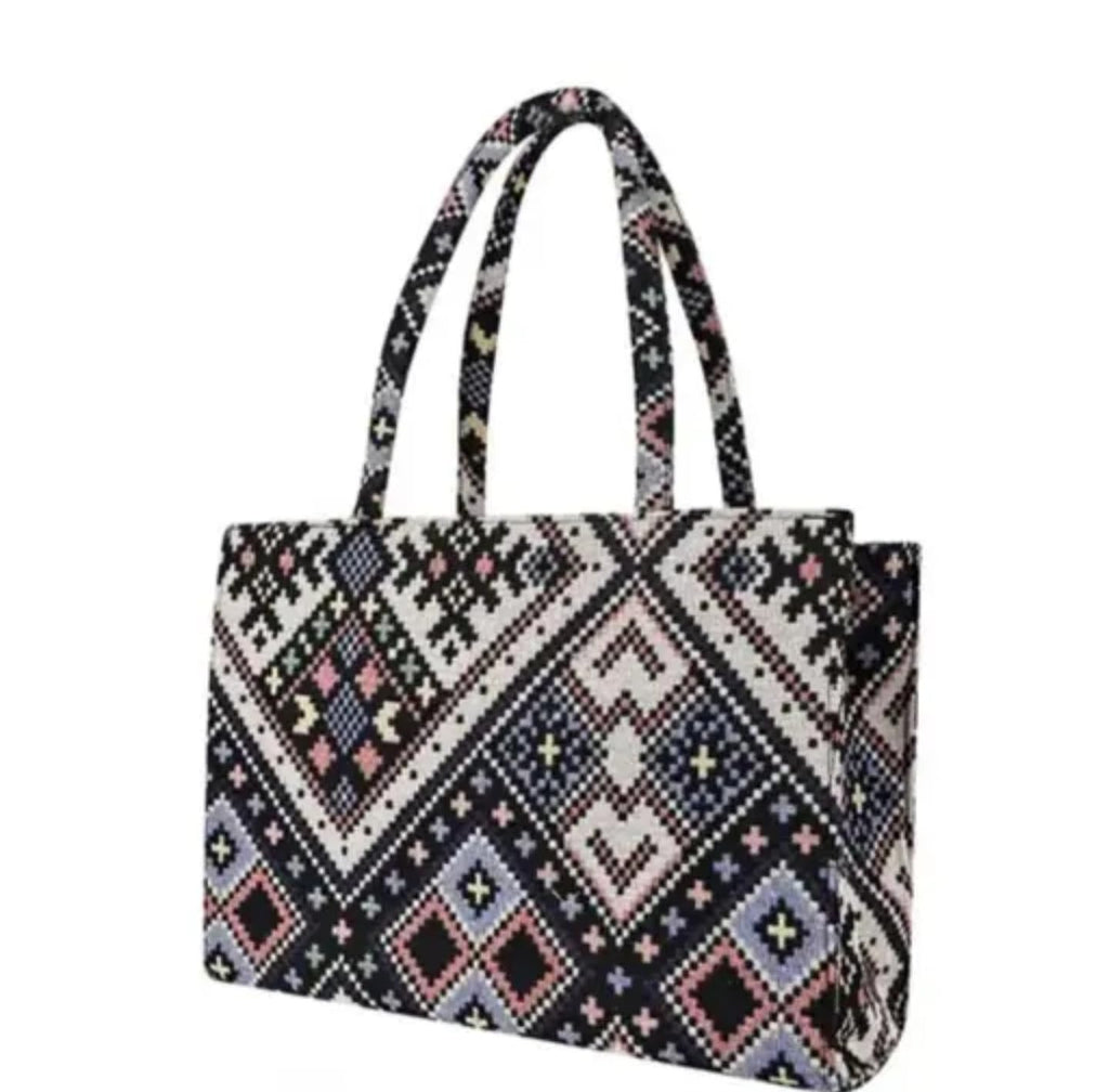 Geometric Pattern Canvas Tote Bag, Black and White Print with Pastel Accents