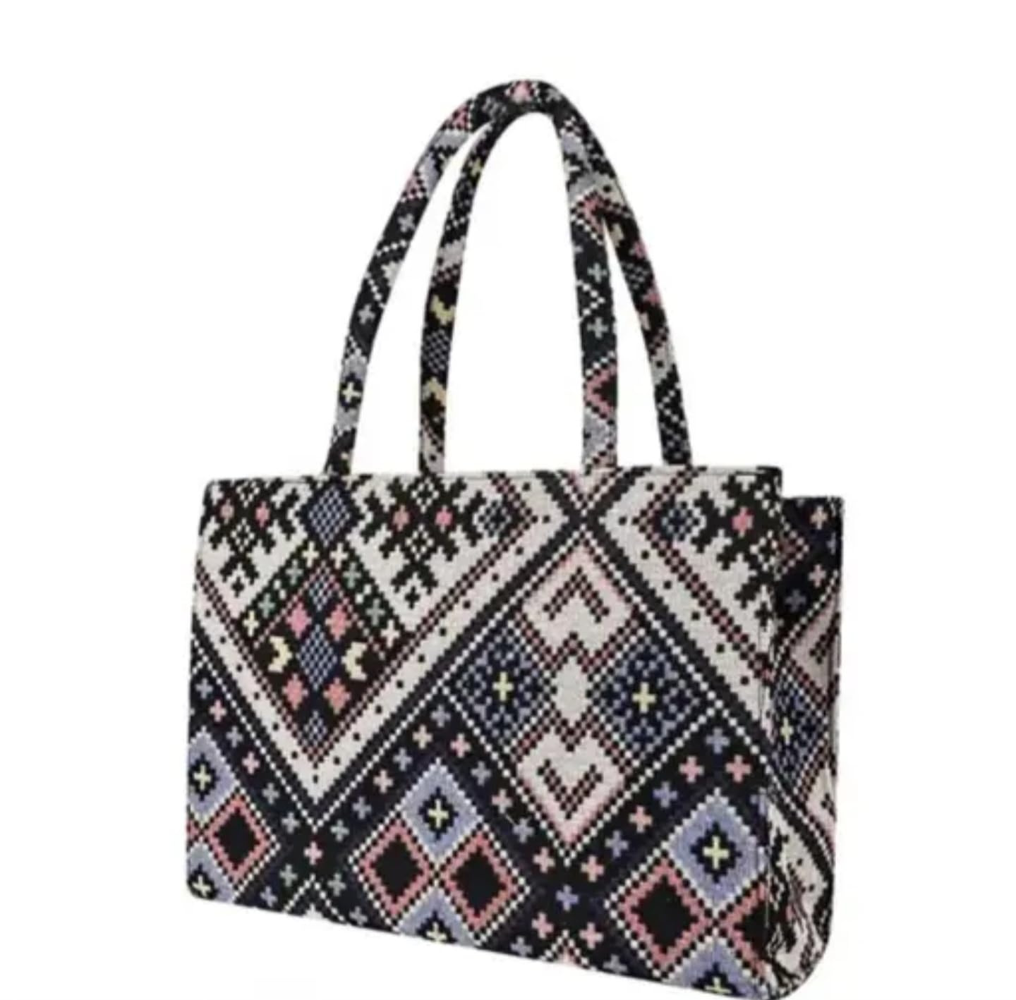 Geometric Pattern Canvas Tote Bag, Black and White Print with Pastel Accents