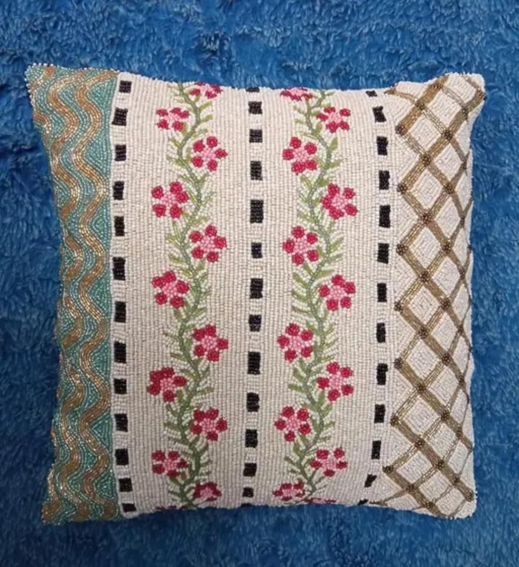 Beaded Throw Pillow Cover, White with Floral Embroidery, Decorative Cushion Cover, Boho Style