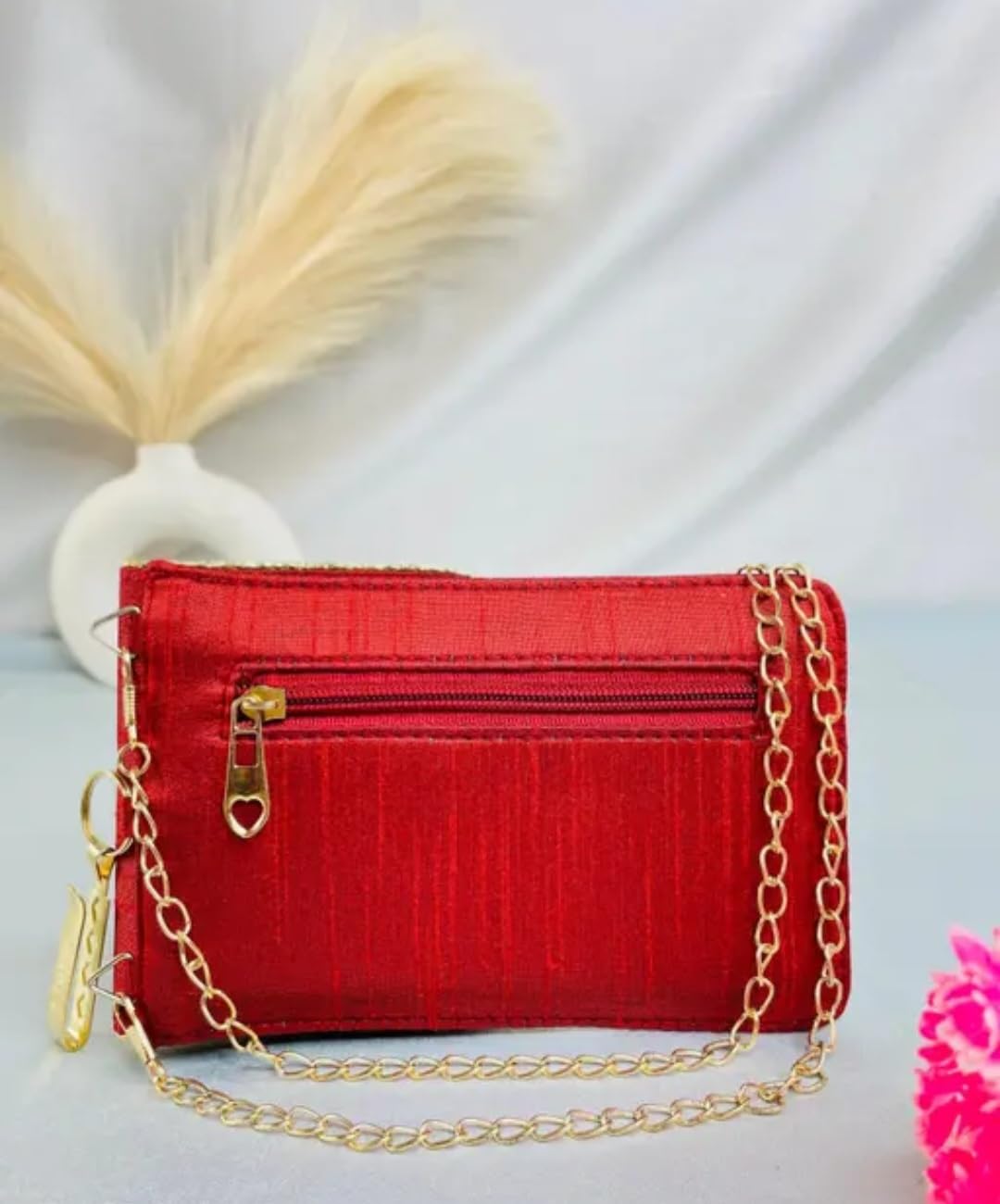 Embroidered Elephant Crossbody Bag, Red, Sequin Beadwork, Gold Chain Strap, Ethnic Boho Style