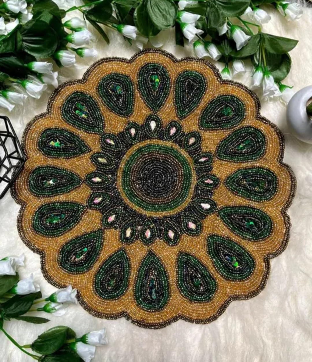 Handcrafted Beaded Placemat, Round Mandala Design, Green and Gold, Decorative Table Mat