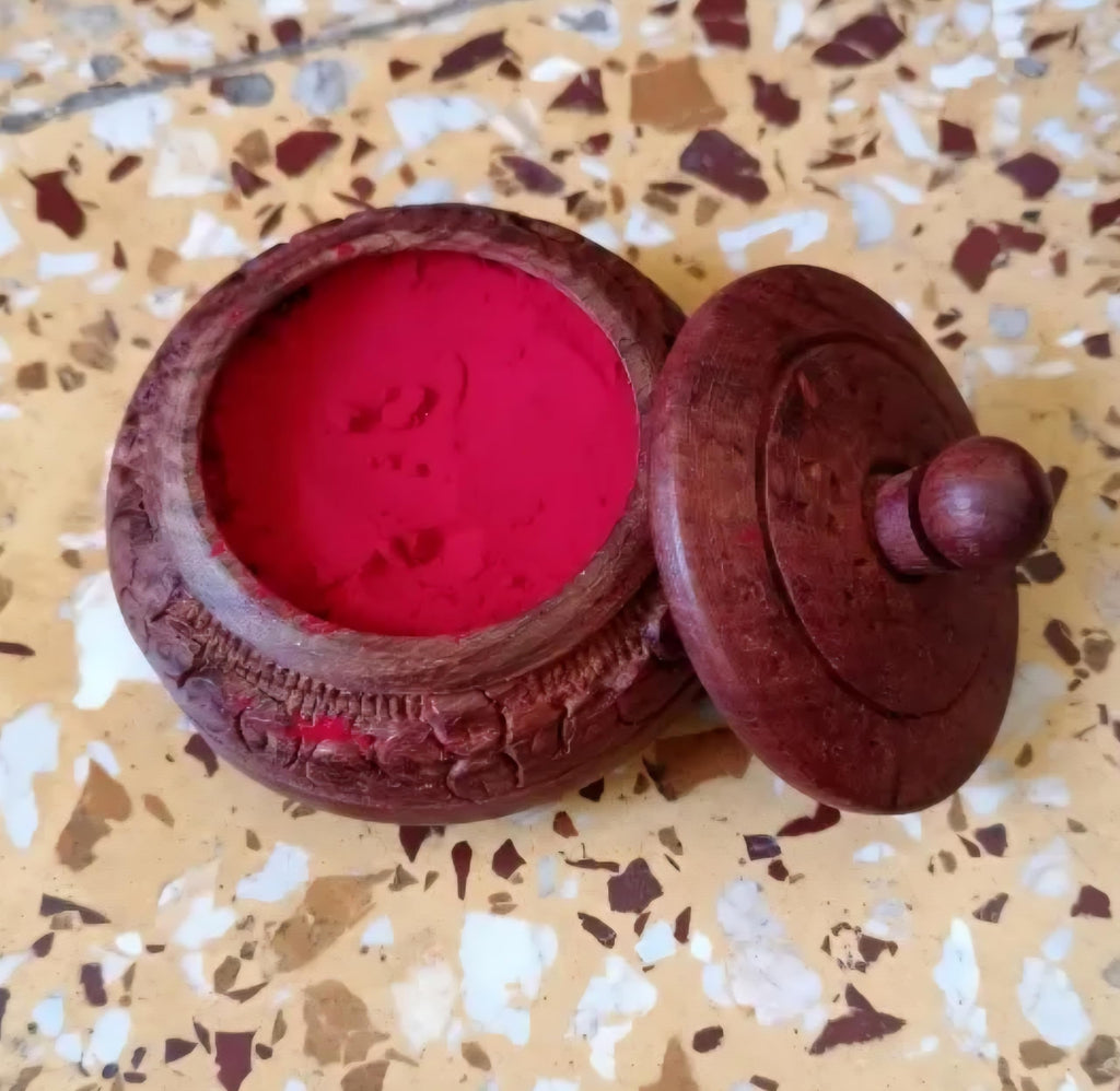 Handcrafted Wooden Sindoor Box with Lid, Red Interior, Carved Design, Traditional Indian Kumkum Container