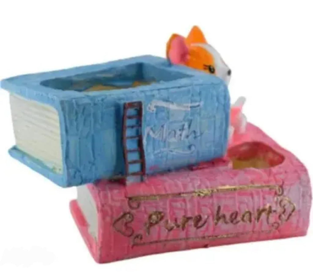 Decorative Succulent Planter with Cat Figurine, Book-Shaped Desk Organizer, Pink and Blue Math Book Design, Indoor Plant Holder