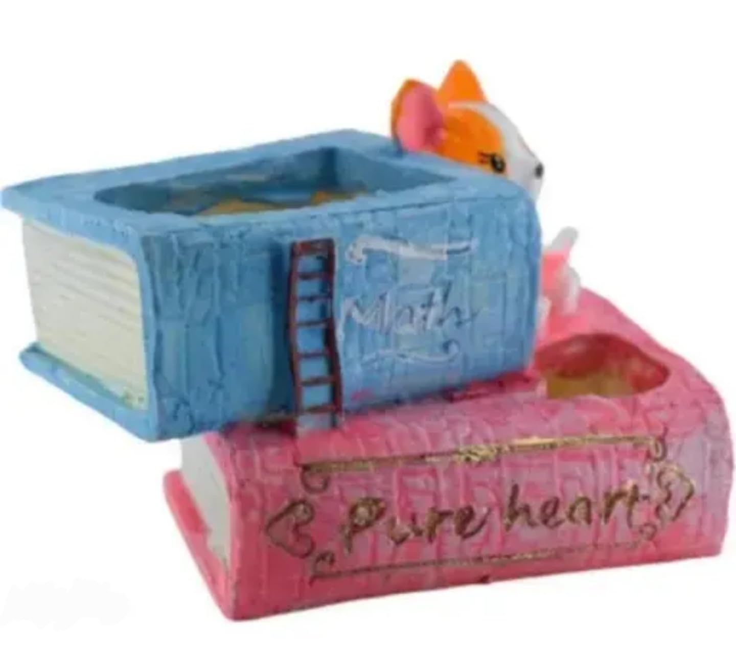 Decorative Succulent Planter with Cat Figurine, Book-Shaped Desk Organizer, Pink and Blue Math Book Design, Indoor Plant Holder