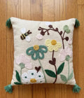 Handcrafted Embroidered Floral Throw Pillow Cover with Tassels, Bee and Flower Garden Design, Boho Style, Cream, 1 piece