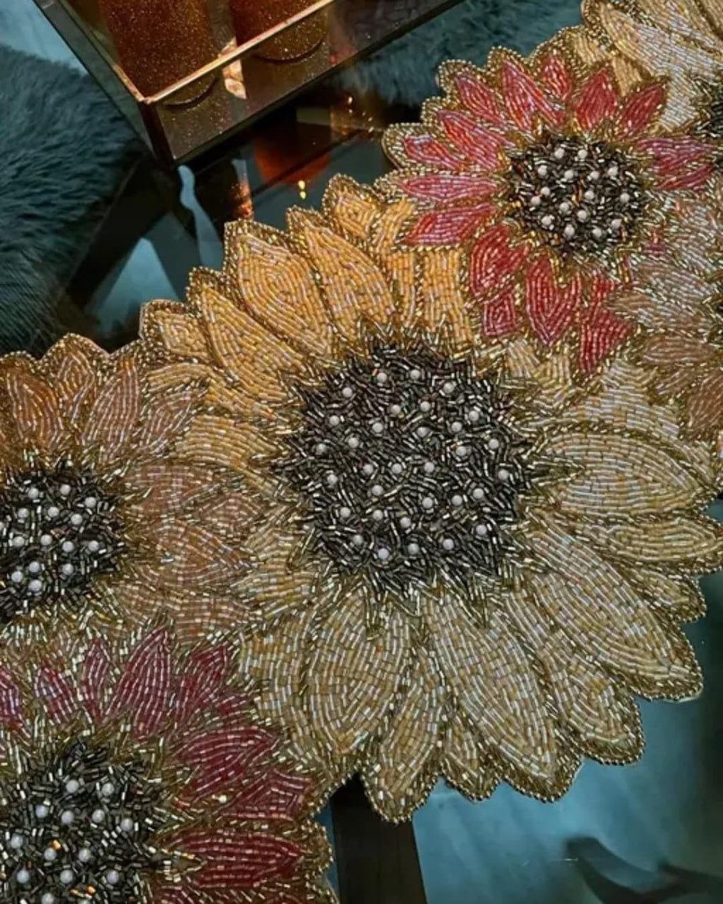 Beaded Sunflower Table Runner, Floral Design, Gold and Pink, Handcrafted Decorative Centerpiece
