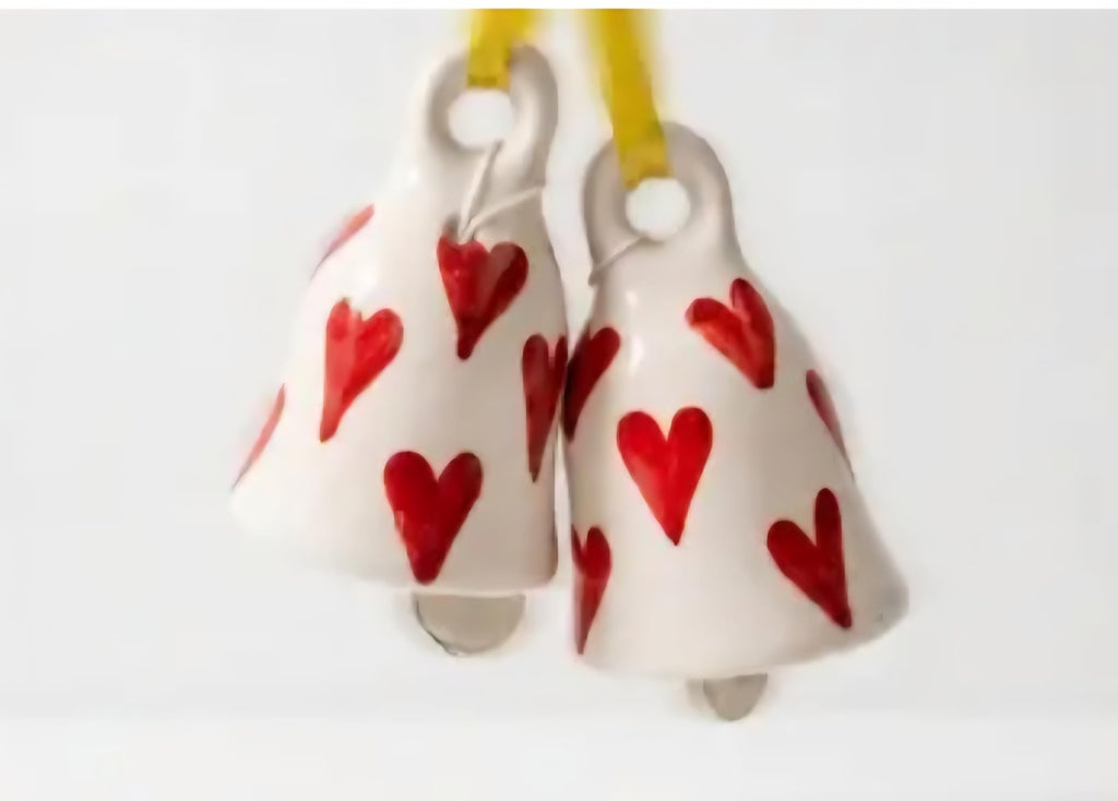 Ceramic Hanging Bells with Red Heart Pattern, White, Set of 2, Garden Decor