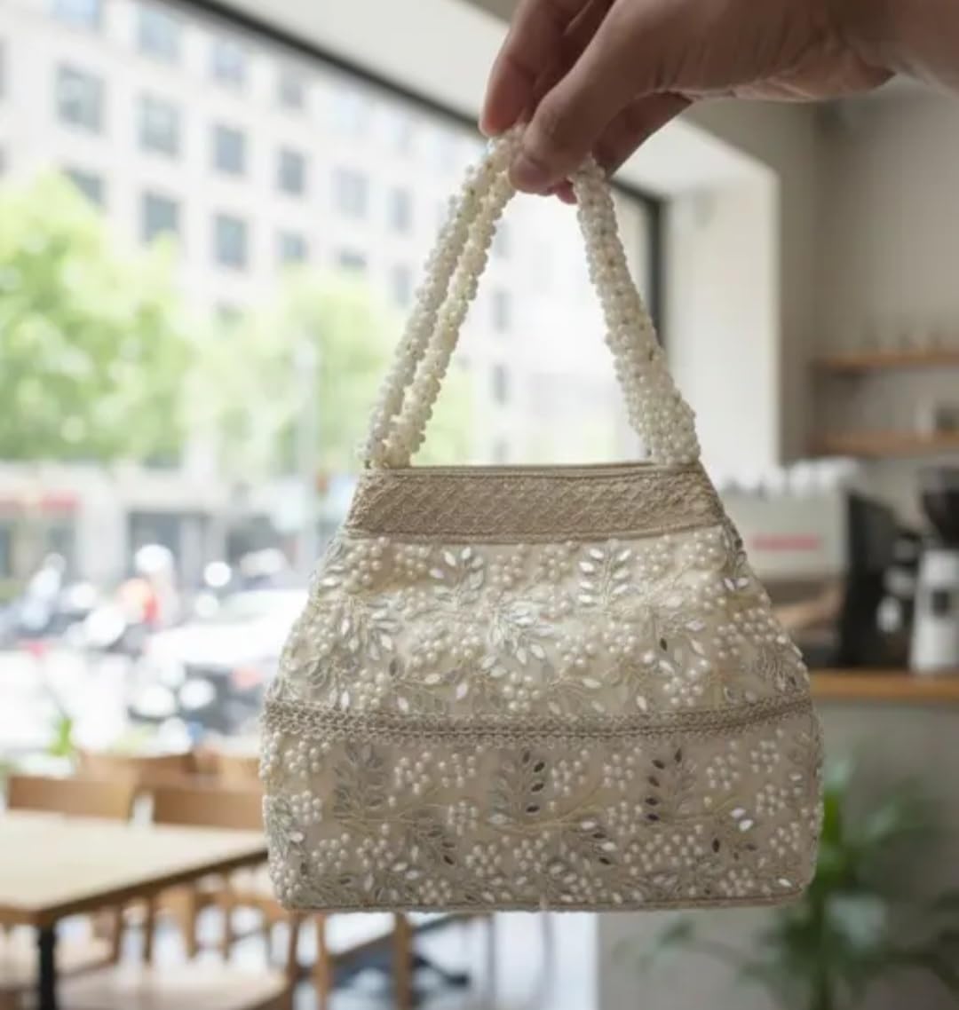 Pearl Beaded Handbag, Cream Gold, Mirror Work Embroidery, Floral Design, Bridal Tote Bag