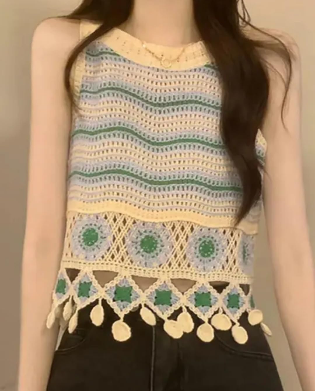 Crochet Handmade Crop Tank Top, Boho Wave Pattern with Tassel Hem, Blue and Green