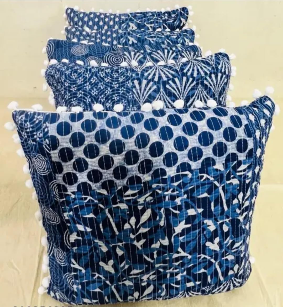 Indigo Blue Decorative Handmade Throw Pillow Cover with White Pom Pom Trim, Hand Block Print Jaipuri Kantha Pattern, Cotton Cushion Covers