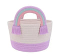 Cotton Rope Storage Basket with Rainbow Handle, White and Purple, Decorative Container with Tassels