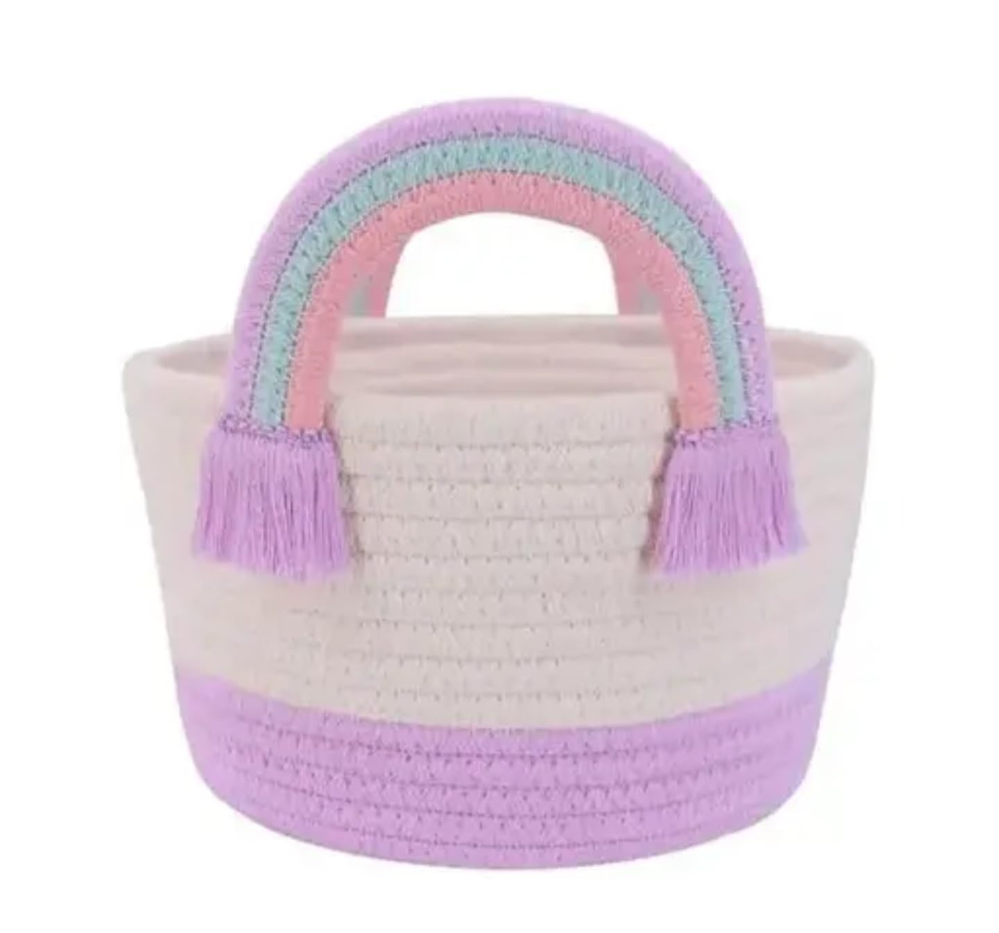 Cotton Rope Storage Basket with Rainbow Handle, White and Purple, Decorative Container with Tassels