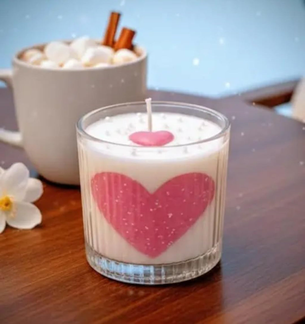 Valentine's Special Heart Candle in Glass, White and Pink, Gift for Valentine's Day, Made with Love