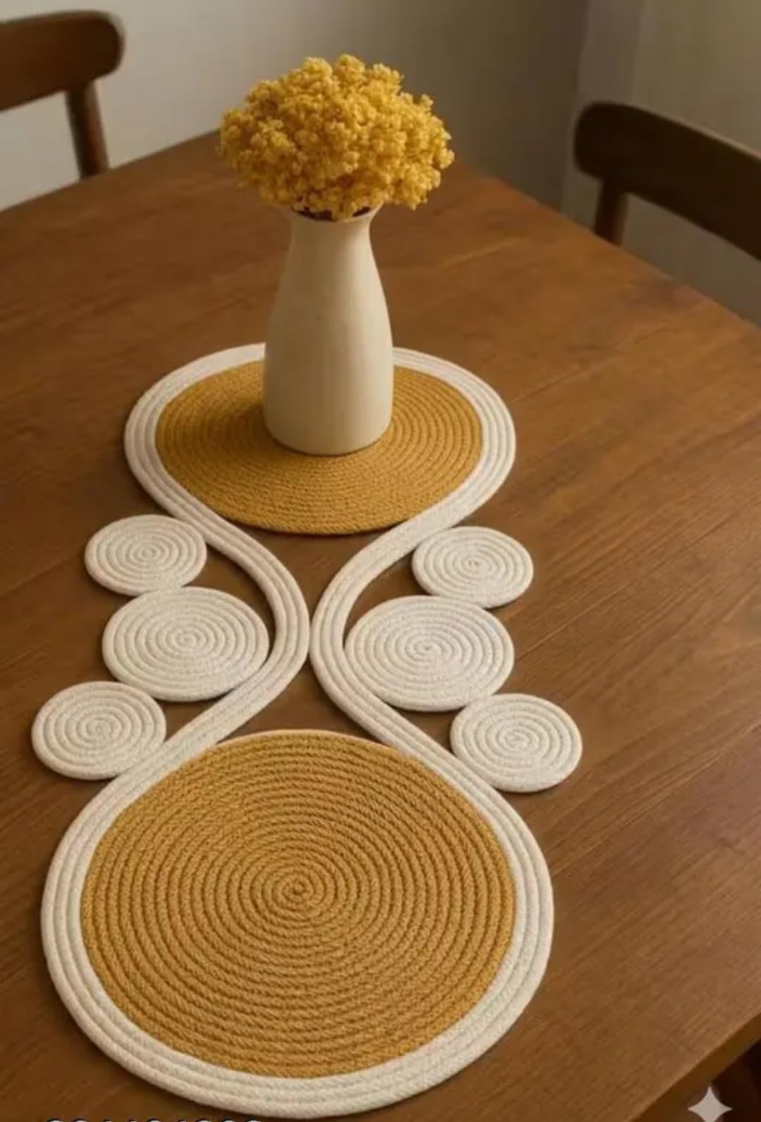 Round Woven Placemat Set with Coasters, Cotton Rope, Spiral Design, Mustard Yellow and White