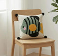 Decorative Handcrafted Throw Pillow Cover with Fish Embroidery, Cream, Pom Pom Trim, Nautical Theme