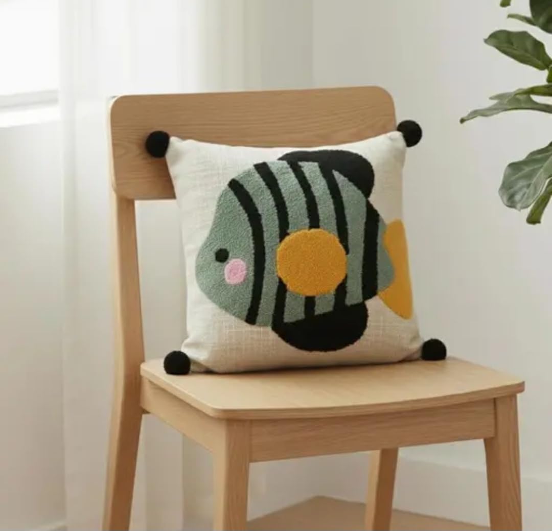 Decorative Handcrafted Throw Pillow Cover with Fish Embroidery, Cream, Pom Pom Trim, Nautical Theme