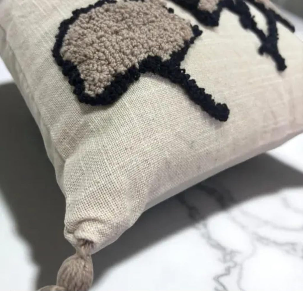 Embroidered Tree Throw Pillow Cover, Cream, Tufted Design with Corner Tassels, Boho Decorative Cushion Cover