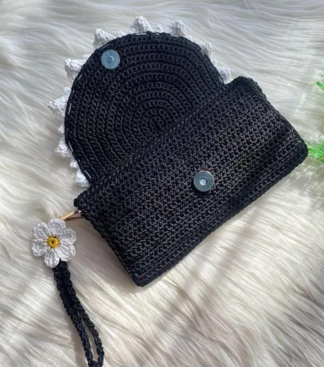 Handmade Crochet Daisy Flower Clutch Purse, Black with White Petals and Yellow Center, Wristlet Bag