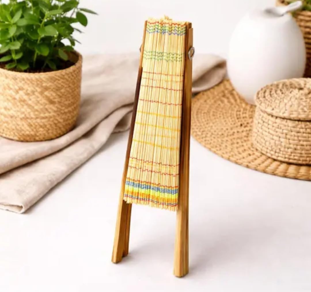 Handcrafted Bamboo Folding Fan with Wooden Handle, Natural & Orange Woven Design, Traditional Style
